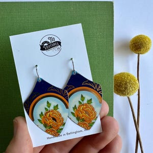 Blue and orange floral earrings | statement earrings | vintage tin repurposed earrings