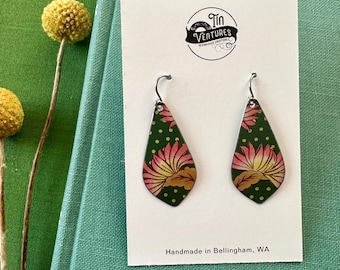 Vintage green and pink floral tin earrings