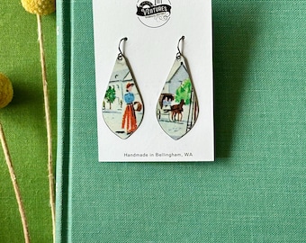 Town scene vintage tin earrings