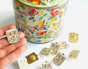 vintage tin inspired enamel pin | tin pin | butterfly flower pin | vintage tin canister enamel pin