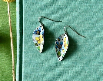 Blue & yellow floral vintage tin earrings