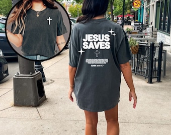 Ästhetisches Jesus Saves Shirt, christliches Kleid, trendiges christliches Shirt, y2k Christian, Jesus Apparel Christian Streetwear, Bibel Vers Shirt