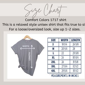 May include: Size chart for a unisex t-shirt in sizes S through 4XL. The chart shows the width and length measurements in inches for each size. The text states that the shirt is a relaxed style and fits true to size. It also suggests sizing up 1-2 sizes for a loose or oversized look.