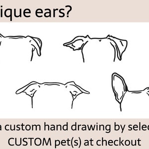K&ouml;nnte beinhalten: Vier Schwarzwei&szlig;-Zeichnungen von verschiedenen Hundeohrformen. Der Text "Unique ears?" befindet sich oben im Bild. Der Text "Get a custom hand drawing by selecting CUSTOM pet(s) at checkout" befindet sich unten im Bild.