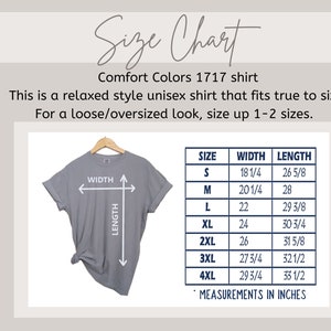 May include: Size chart for a unisex t-shirt in sizes S through 4XL. The chart shows the width and length measurements in inches for each size. The text states that the shirt is a relaxed style and fits true to size. It also suggests sizing up 1-2 sizes for a loose or oversized look.