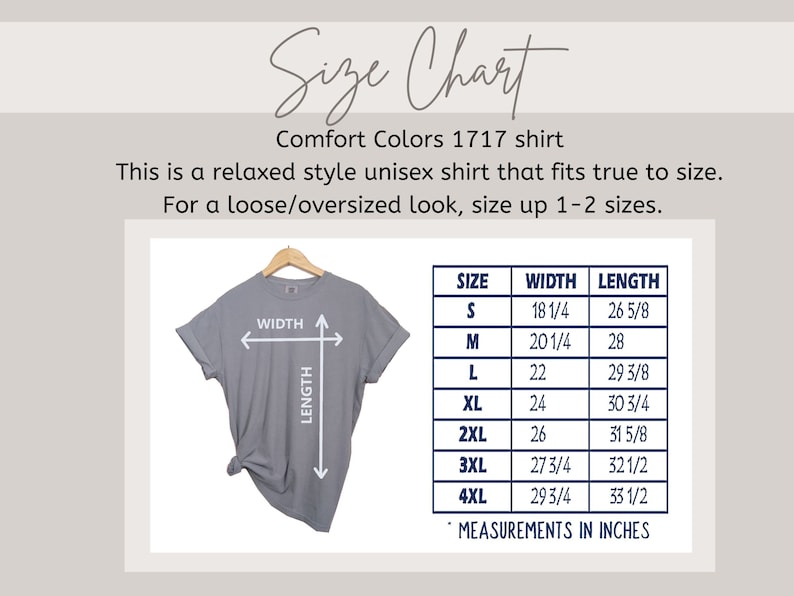 May include: Size chart for a unisex t-shirt in sizes S through 4XL. The chart shows the width and length measurements in inches for each size. The text states that the shirt is a relaxed style and fits true to size. It also suggests sizing up 1-2 sizes for a loose or oversized look.