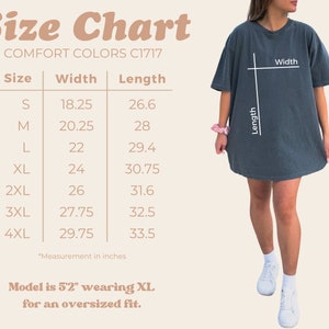 May include: Size chart for a t-shirt with measurements in inches for sizes S through 4XL. The chart shows the width and length of the shirt in inches. The model is 5'2" wearing a size XL for an oversized fit.