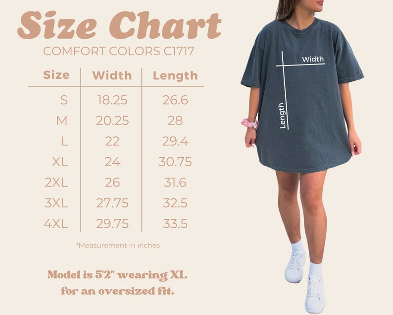 May include: Size chart for a t-shirt with measurements in inches for sizes S through 4XL. The chart shows the width and length of the shirt in inches. The model is 5'2" wearing a size XL for an oversized fit.