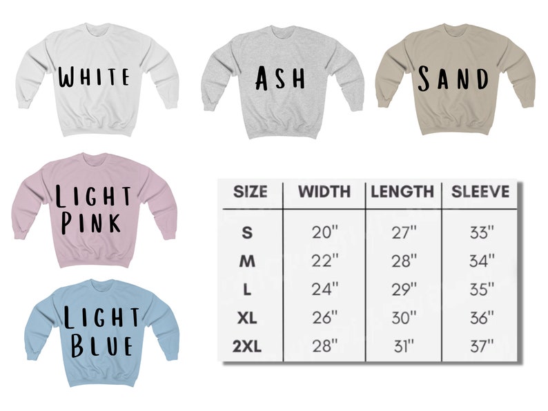 K&ouml;nnte beinhalten: Eine Gr&ouml;&szlig;entabelle f&uuml;r einen Pullover mit verschiedenen Farboptionen: Wei&szlig;, Aschgrau, Sand, Hellrosa und Hellblau. Die Tabelle zeigt die Breite, L&auml;nge und &Auml;rmell&auml;nge in Zoll f&uuml;r die Gr&ouml;&szlig;en S, M, L, XL und 2XL.