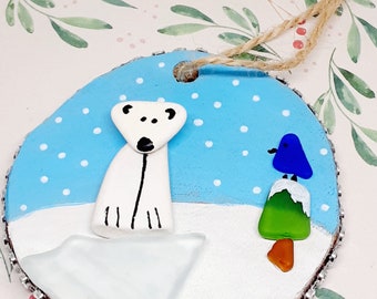 Sea Glass Ornament, Sea pottery, Christmas ornament, Genuine Sea glass, Prince Edward Island, P.E.I souvenir, Polar bear, Hand painted