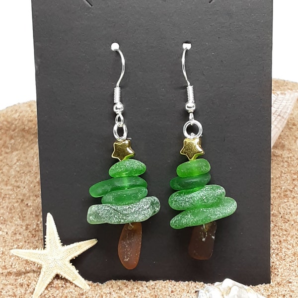 Sea glass earrings, Christmas jewelry, Christmas Tree earrings, Authentic sea glass, Prince Edward Island, P.E.I souvenir, Drilled sea glass