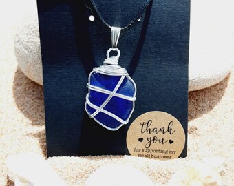 Blue sea glass necklace, Wire wrapped, Authentic sea glass, Prince Edward Island, Ocean tumbled, Cobalt Blue, Summer Jewelry, Beach lover's