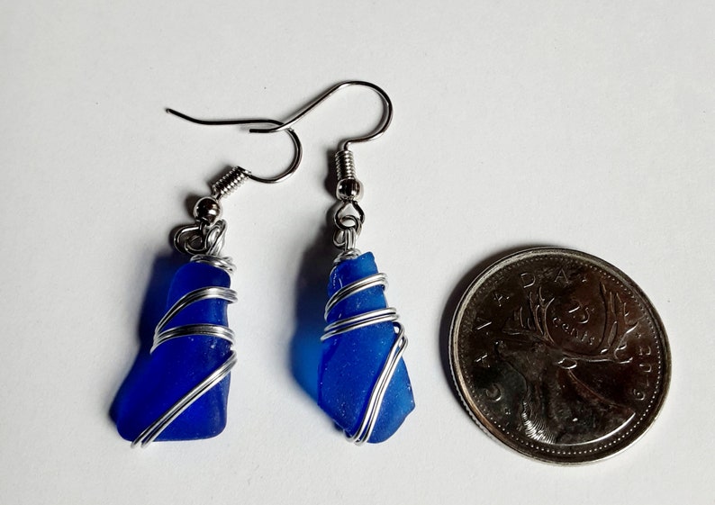 Sea Glass Earrings, Cobalt Blue, Beach jewelry,Bridal jewelry, beach lover's, PEI, wire wrapped, Vintage, Genuine beach glass, Rare color image 1