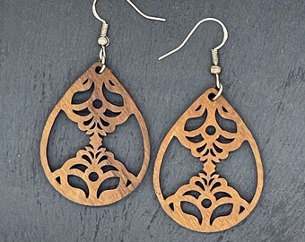 Floral Teardrop Earrings, Lightweight Dangle Walnut Wood Earrings, Laser-cut, Laser-engraved, Gifts for Her