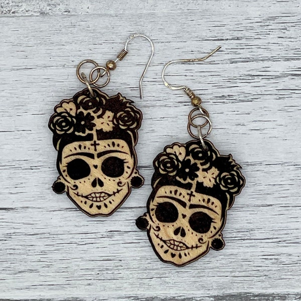 Wood Sugar Skull Earrings, Day of the Dead Earrings, Maple, Handmade