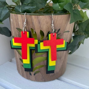 Wood Cross Rasta Earrings| Wood African Earrings| Statement Earrings| Rasta Jewelry| Layered Earrings| Boho Jewelry| Afrocentric Earrings