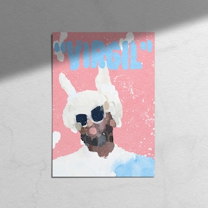 May include: A portrait on a pink background with the word "VIRGIL" in light blue. The artwork depicts a person wearing sunglasses and a white hat with bunny ears. The person's skin is painted in shades of brown and grey.