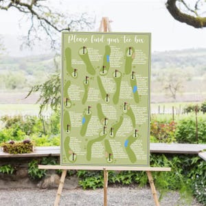 May include: A light green golf-themed seating chart with the text "Please find your tee box." The chart features illustrations of golf course holes, each with a flag and names. The chart is displayed on a wooden easel.