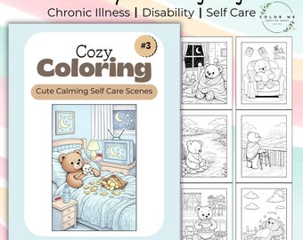 Gemütliches Malbuch 3 für Chronische Krankheiten & Spoonies, 10 druckbare PDF zum Ausmalen für Erwachsene, Selbstpflege Teddybären, Sofortdownload 8,5x11