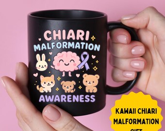 Tazza per la sensibilizzazione sulla malformazione di Chiari, cervello kawaii e amici animali, regalo con nastro viola, Arnold Chiari Warrior Tazza in ceramica nera 11 oz 15 oz