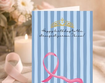 Biglietto di auguri di sostegno per il cancro stampabile / Biglietto per la persona più forte che conosco / Principessa Coquette con nastro rosa / 5x7 pieghevole, download immediato