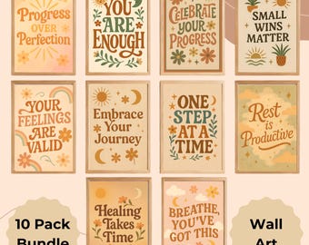 Inspirerande posters med mental hälsa i retrostil, 10 bohemiska digitala väggkonstverk, motiverande citat för terapi, terapeutmottagning, helande poster