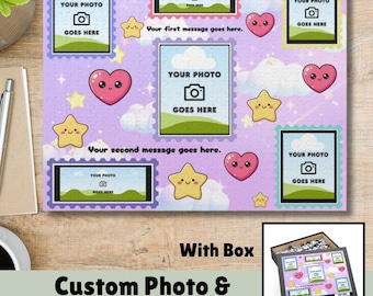 Personalized Photo Puzzle with Custom Message, Kawaii Aesthetic, 6 Photos + 2 Messages, Pastel Hearts & Stars, Thoughtful Keepsake Gift