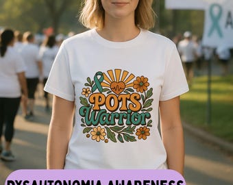 POTS Warrior Retro Boho T-Shirt, Dysautonomia Awareness Teal Ribbon Tee, Floral Potsie Chronic Illness Gift, Soft Cotton Spoonie Shirt
