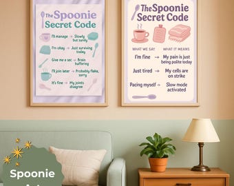 Spoonie Secret Code Poster Set, Retro Pastel Wall Art, What We Say vs What We Mean Spoonie Prints, Chronic Illness Gift, Digital Download