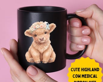 Tazza Highland Cow nera / Tazza da caffè per la sensibilizzazione sulle malattie croniche / Regalo di supporto Spoonie / Tazza di incoraggiamento per la salute mentale e il cancro