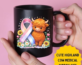 Tazza Highland Cow nera / Tazza da caffè per la difesa delle malattie croniche / Regalo di supporto per il cancro / Nastro di sensibilizzazione medica
