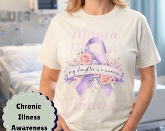 Maglietta per mamme con nastro medico viola, maglietta "Mia figlia è una guerriera", maglietta per mamme che vogliono sensibilizzare sulle malattie croniche, regalo di supporto per disabili
