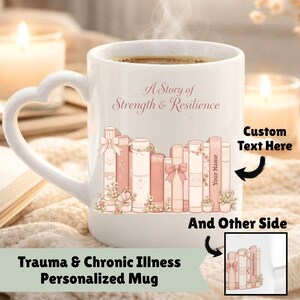 Personalized Chronic Illness Mug with Name & Diagnosis | Heart Handle Ceramic Mug, Books and Bows, Spoonie Gift, Invisible Illness Support
