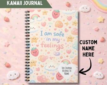 Quaderno a spirale kawaii personalizzato, diario sulla salute mentale pastello "Sono al sicuro nei miei sentimenti", diario personalizzato con nome a righe 6x8, regalo per la cura di sé