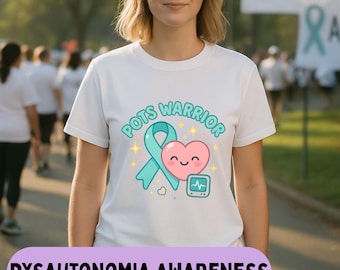 POTS Warrior Kawaii T-Shirt, Dysautonomia Awareness Teal Ribbon Tee, Cute Heart Chronic Illness Gift, Soft Cotton Spoonie Shirt