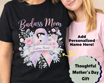 Maglietta personalizzata "Badass Mom" / Maglietta personalizzata "Warrior Mother" con nome / Comfort Colors 1717 / Maglietta con nastro di consapevolezza floreale