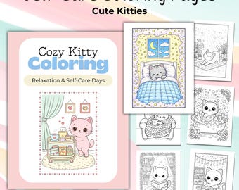 Kawaii Self-Care Cat 10 pagine da colorare / Salute mentale per adulti e adolescenti, gattini carini, relax, sollievo dallo stress, PDF stampabile