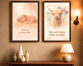 Set di 10 stampe murali raffiguranti mucche delle Highlands, acquerello pastello, poster di affermazioni positive, arredamento per ufficio di terapisti, stile rustico minimalista