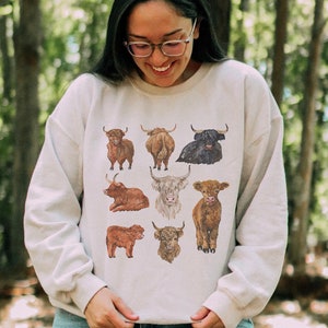 Cow Sweatshirt Cow Crewneck Highland Cow Hoodie Cow Animal Cottagecore Gift for her cowgirl Shirt  Cottage core funny cow shirts Cute Cows