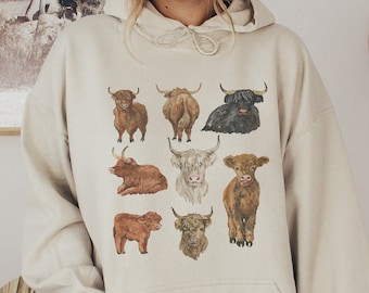 Sudadera de vaca Sudadera con capucha de vaca Suéter de vaca de las Tierras Altas Suéter estilo cottagecore Regalos con temática de vaca Sudadera con capucha cómoda Regalos de vaca de las Tierras Altas Cuello redondo de vaca