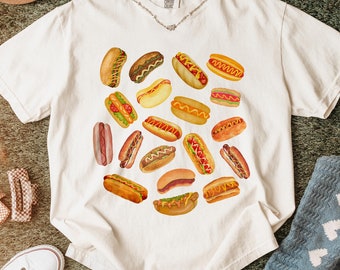 Camiseta retro de perrito caliente, estilo vintage, con estampado gráfico, regalo divertido para amantes de la comida, camiseta unisex informal para aficionados a los perritos calientes.
