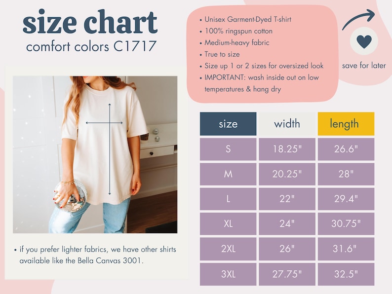 Puede incluir: Tabla de tallas para una camiseta unisex Comfort Colors C1717 te&ntilde;ida en prenda. La tabla incluye medidas para las tallas S a 3XL, con anchos que van de 46,36 cm a 70,49 cm y largos de 67,56 cm a 82,55 cm. La camiseta es 100% algod&oacute;n ringspun.