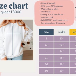 Peut inclure: Sweat-shirt unisexe Gildan 18000 blanc avec un tableau des tailles. Le tableau indique les mesures pour les tailles S &agrave; 3XL, avec des largeurs allant de 50,8 &agrave; 76,2 cm et des longueurs de 68,6 &agrave; 81,3 cm.