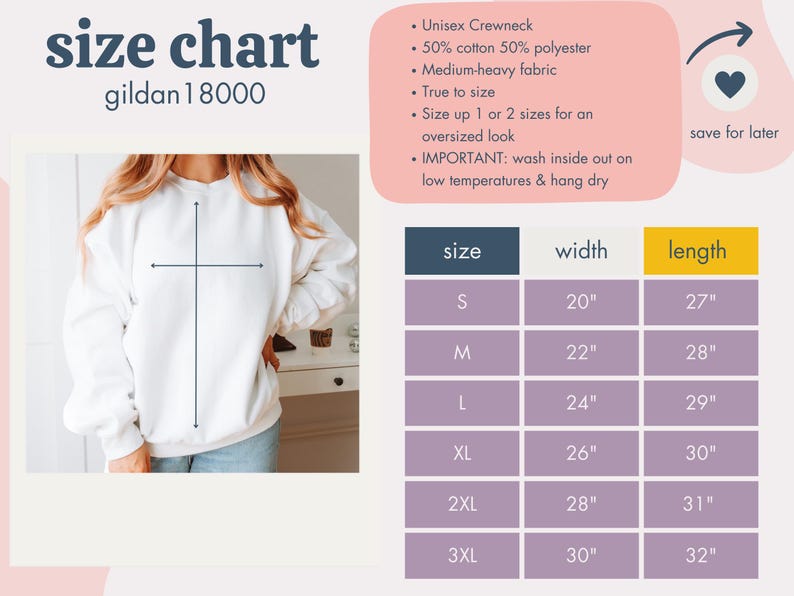 Peut inclure: Sweat-shirt unisexe Gildan 18000 blanc avec un tableau des tailles. Le tableau indique les mesures pour les tailles S &agrave; 3XL, avec des largeurs allant de 50,8 &agrave; 76,2 cm et des longueurs de 68,6 &agrave; 81,3 cm.