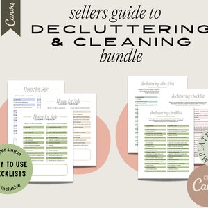 Pode incluir: Um pacote de download digital com listas de verificação para desocupar e limpar. A imagem apresenta várias páginas com listas de verificação, incluindo modelos "House for Sale" e "decluttering checklist". O texto inclui "super simple", "easy to use" e "edit in Canva".