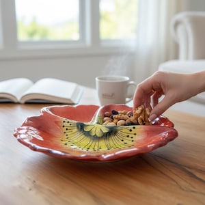 Hand-Painted Poppy Divided Nut Bowl, Vintage California Pottery MCM Dish