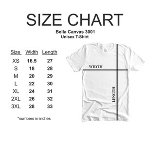 May include: Size chart for a Bella Canvas 3001 unisex t-shirt, showing measurements in inches for width and length for sizes XS to 3XL.