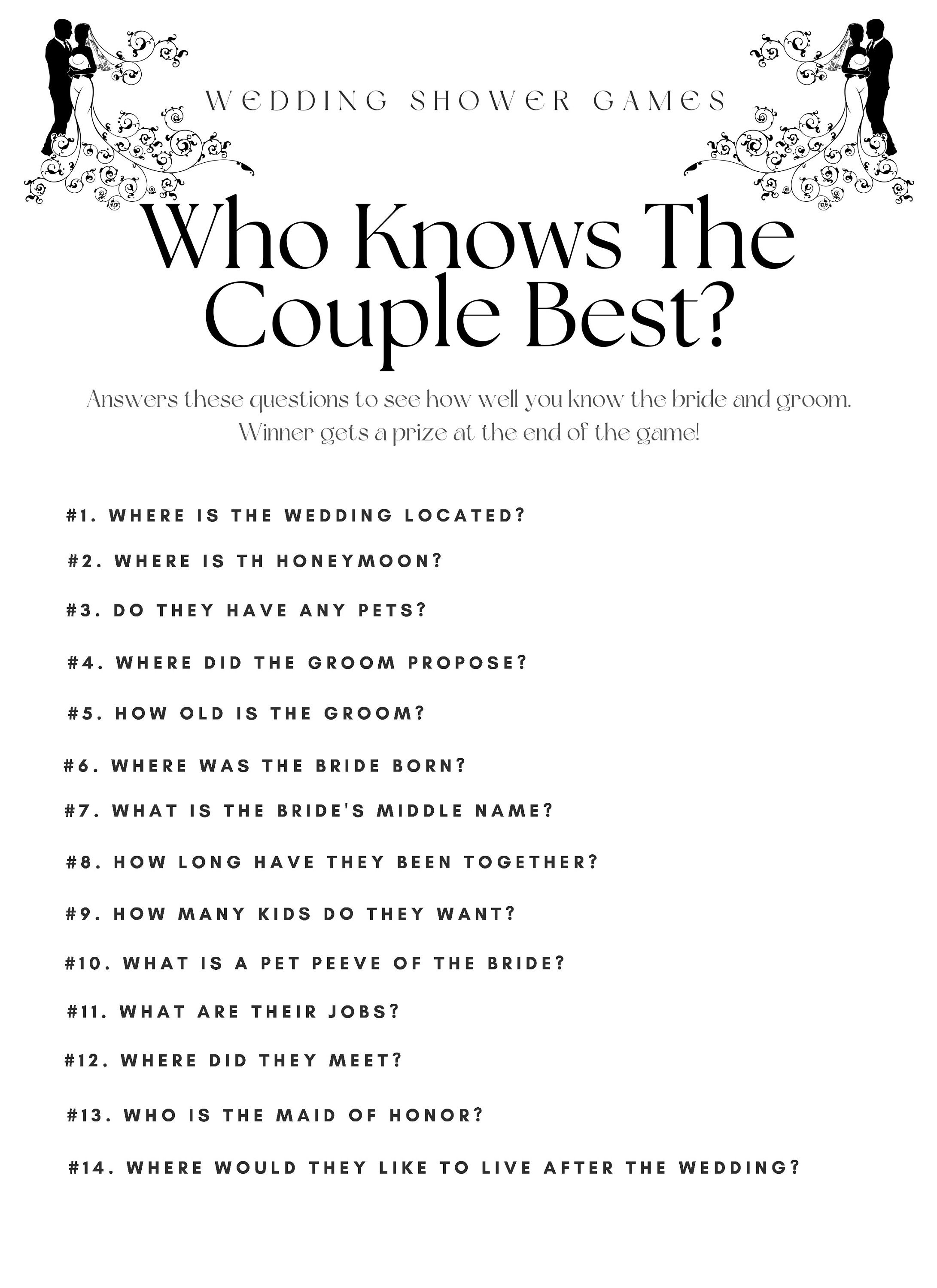 Who Know's the Couple Best Wedding Shower Quiz Game Etsy
