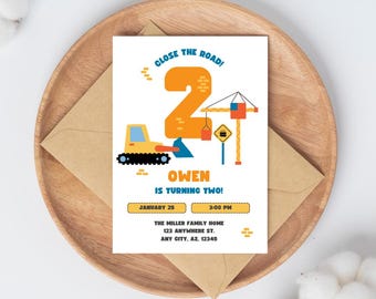 Construction 2nd Birthday Invitation | Editable Canva Template | Second Birthday Party Invite | Construction Truck Theme | Digital Download