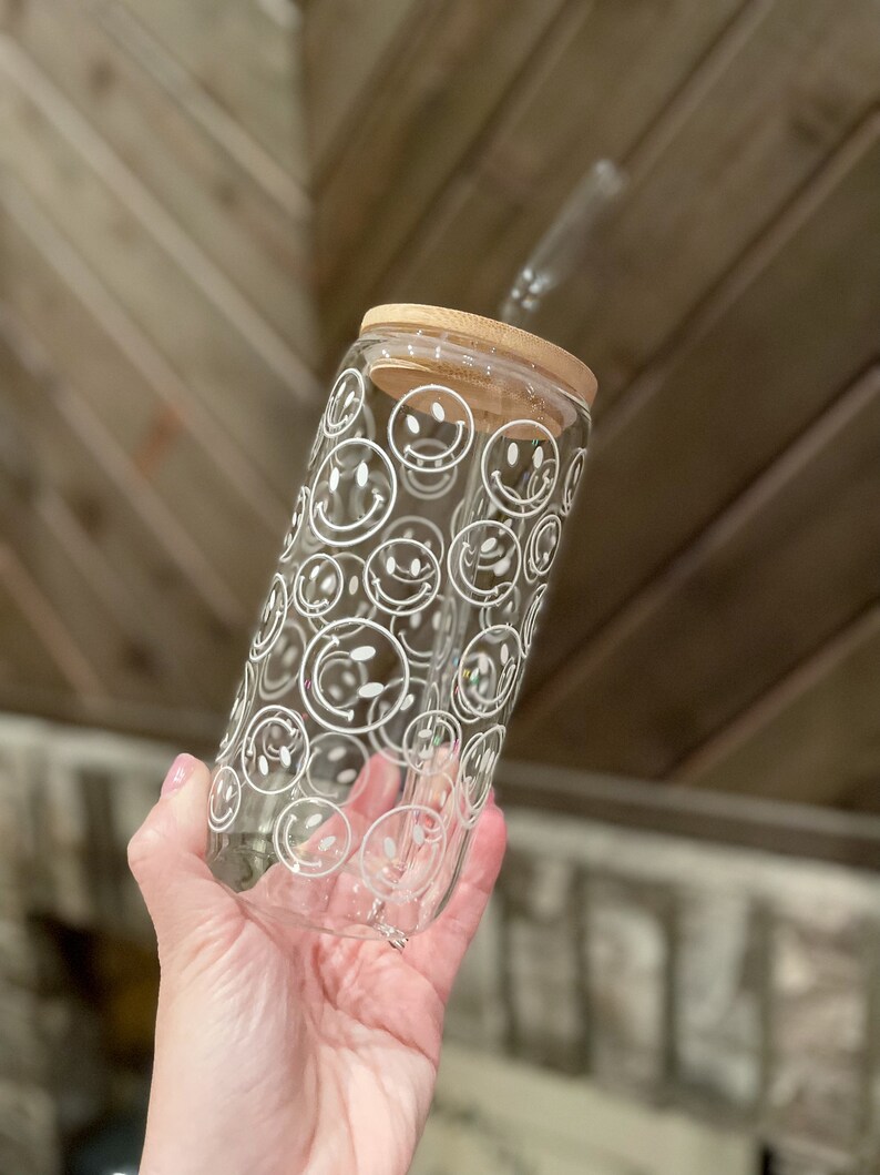 Happy Face Glass Can Coffee Cup Smiley Face Iced Coffee Cup Smoothie